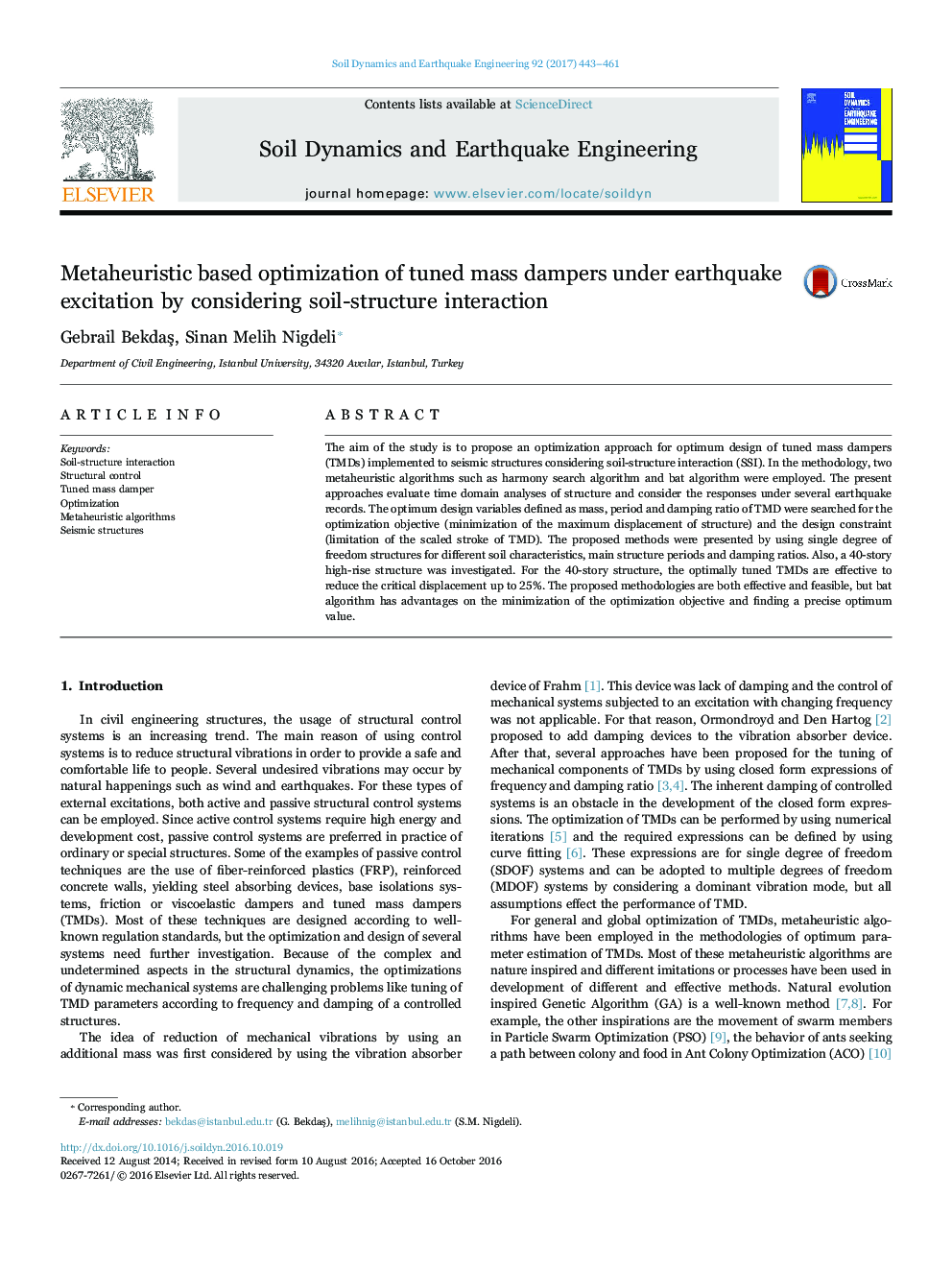 Metaheuristic based optimization of tuned mass dampers under earthquake excitation by considering soil-structure interaction