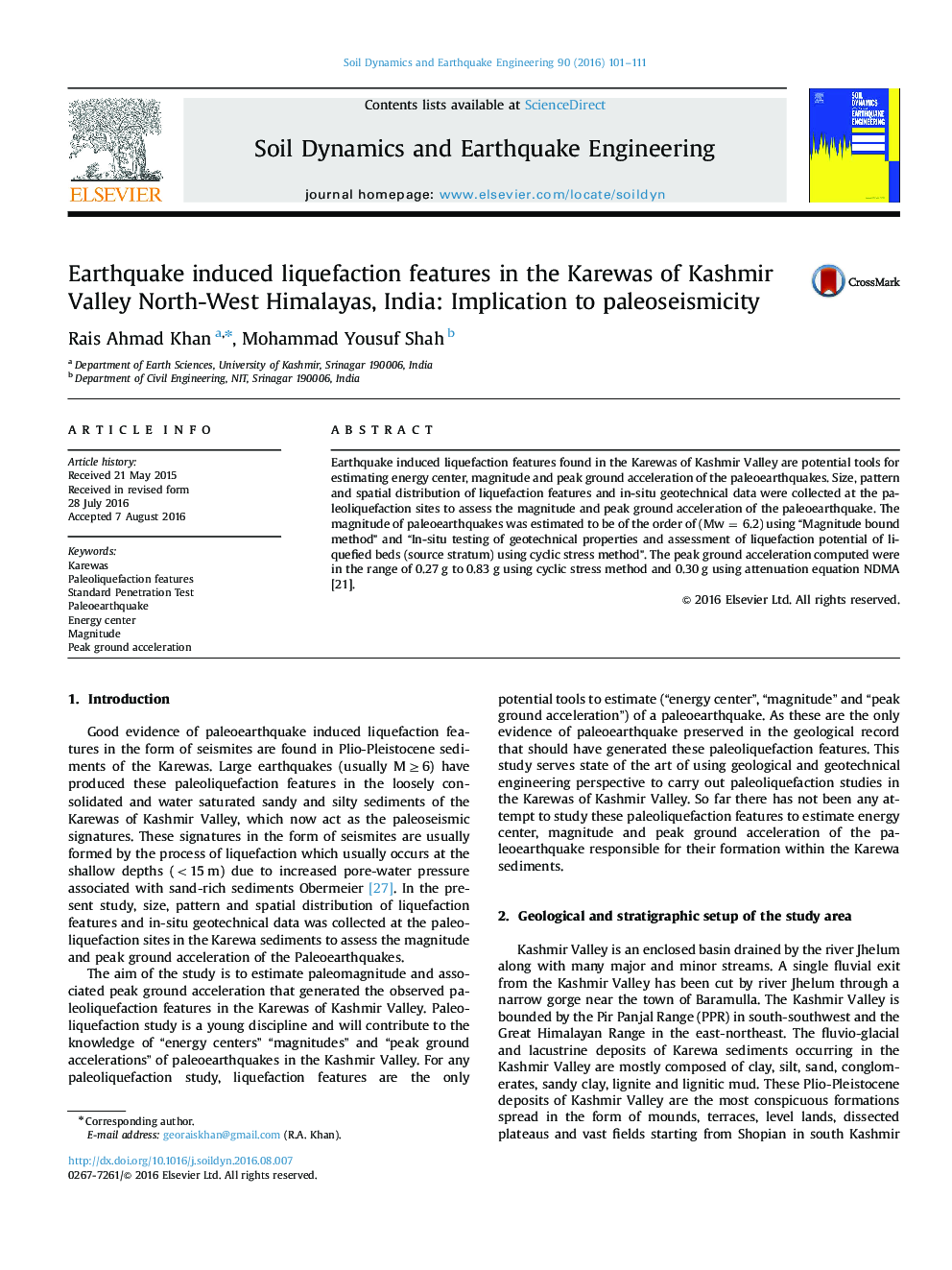 Earthquake induced liquefaction features in the Karewas of Kashmir Valley North-West Himalayas, India: Implication to paleoseismicity