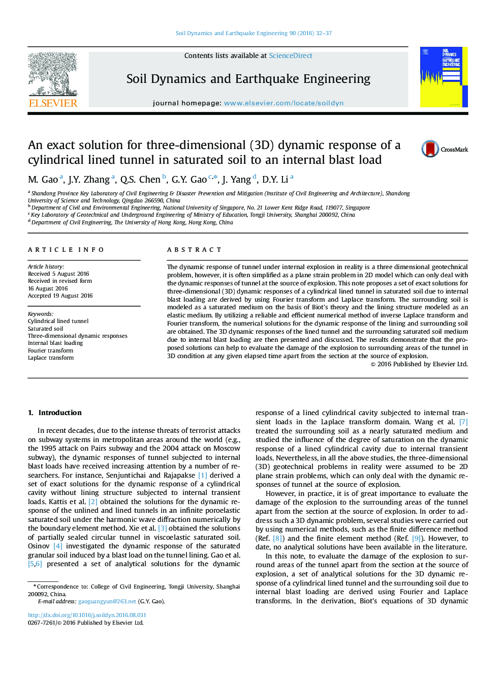 An exact solution for three-dimensional (3D) dynamic response of a cylindrical lined tunnel in saturated soil to an internal blast load