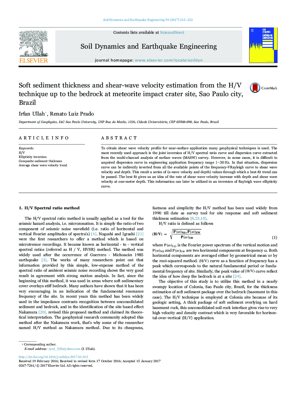 Soft sediment thickness and shear-wave velocity estimation from the H/V technique up to the bedrock at meteorite impact crater site, Sao Paulo city, Brazil