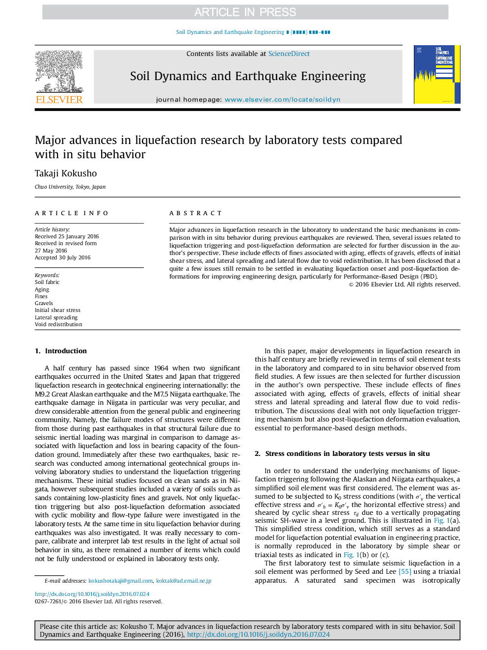 Major advances in liquefaction research by laboratory tests compared with in situ behavior