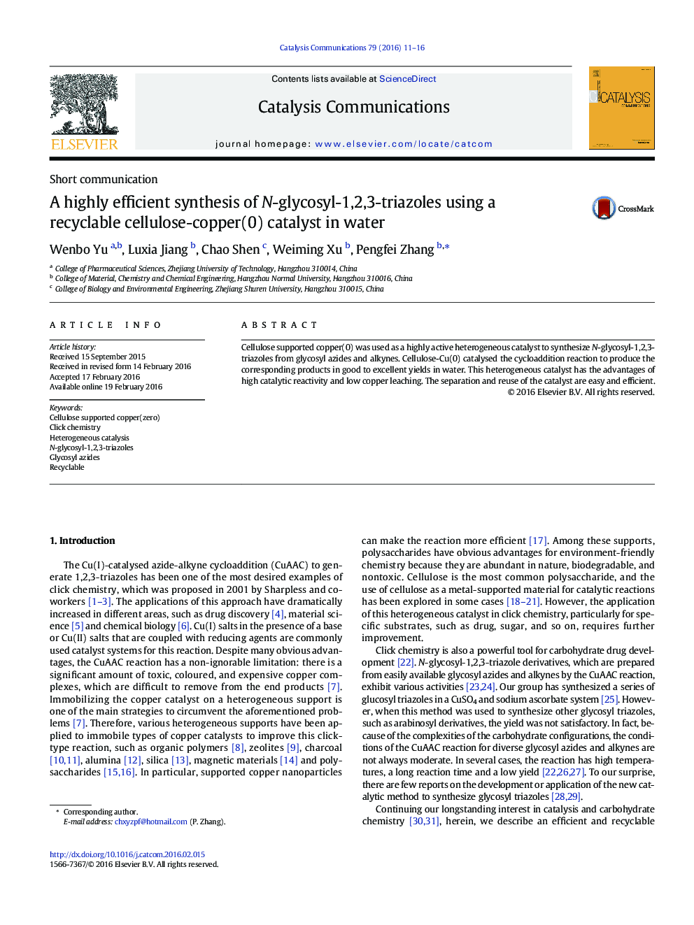 A highly efficient synthesis of N-glycosyl-1,2,3-triazoles using a recyclable cellulose-copper(0) catalyst in water