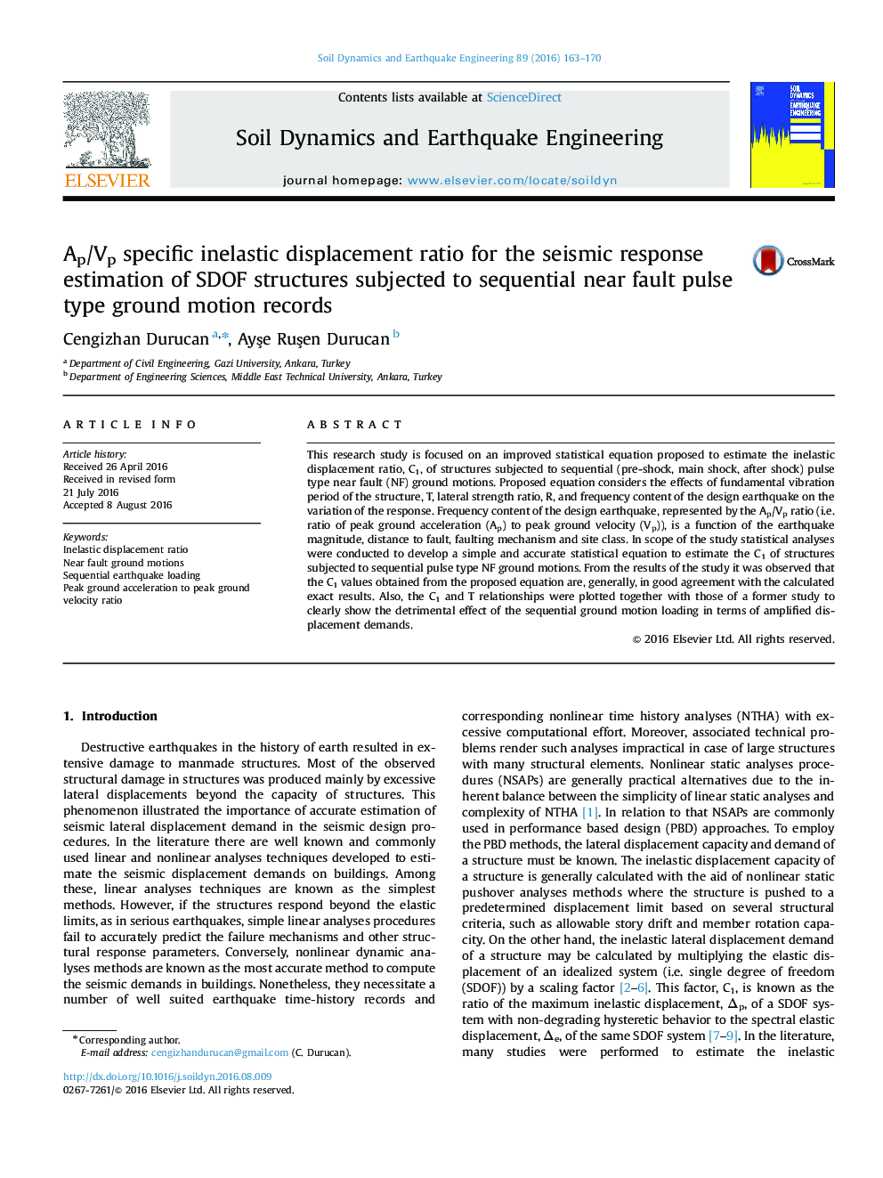 Ap/Vp specific inelastic displacement ratio for the seismic response estimation of SDOF structures subjected to sequential near fault pulse type ground motion records