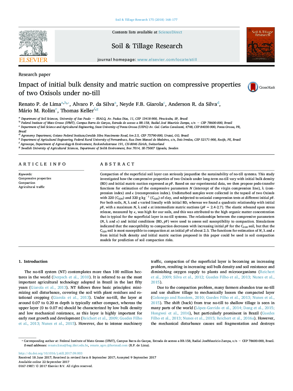 Research paperImpact of initial bulk density and matric suction on compressive properties of two Oxisols under no-till