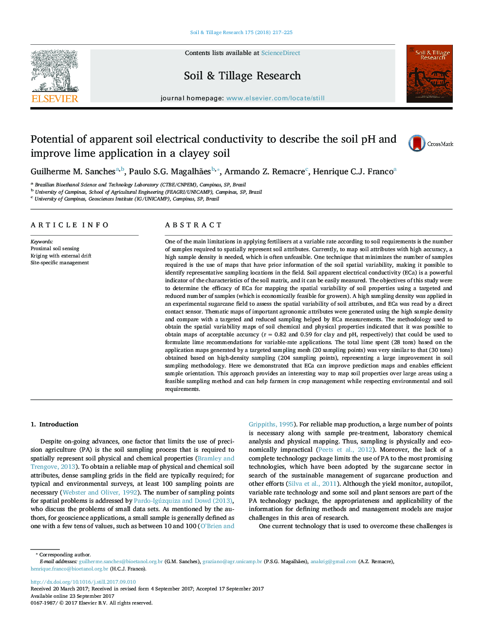 Potential of apparent soil electrical conductivity to describe the soil pH and improve lime application in a clayey soil