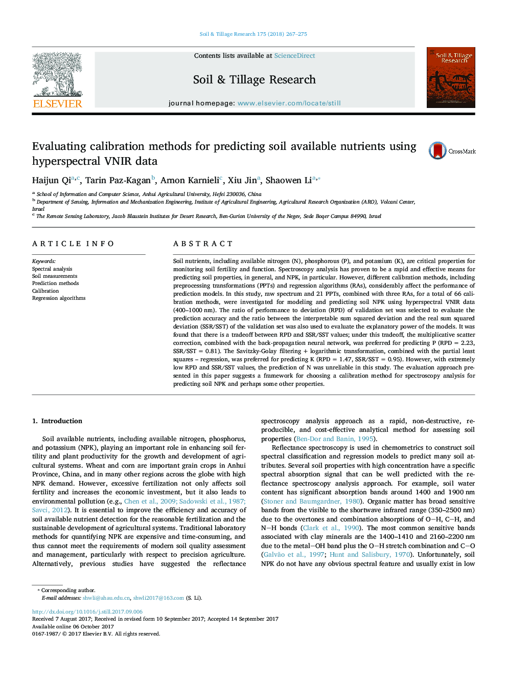 Evaluating calibration methods for predicting soil available nutrients using hyperspectral VNIR data