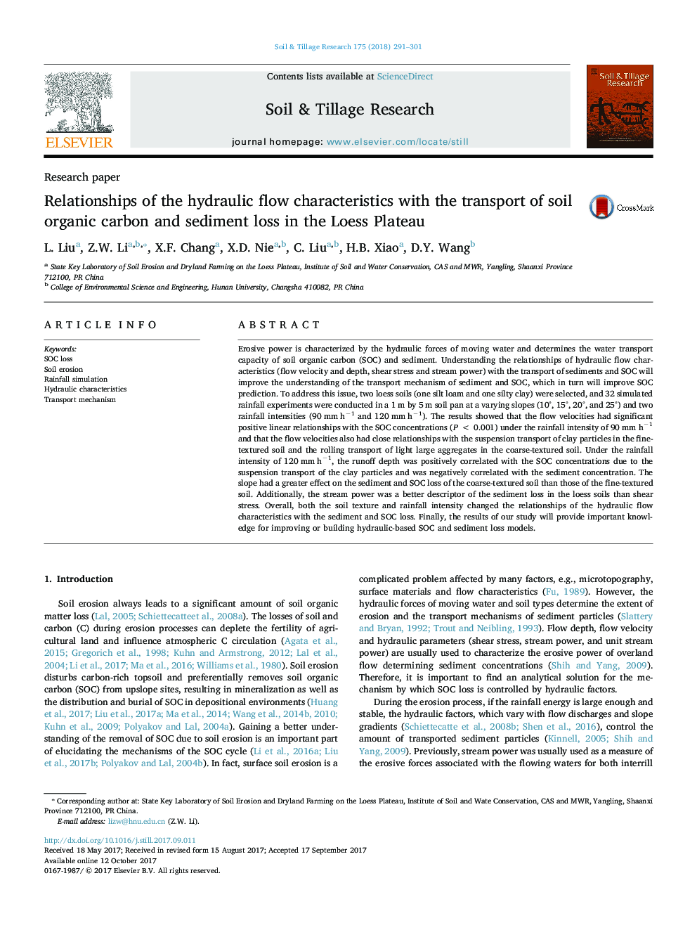 Research paperRelationships of the hydraulic flow characteristics with the transport of soil organic carbon and sediment loss in the Loess Plateau
