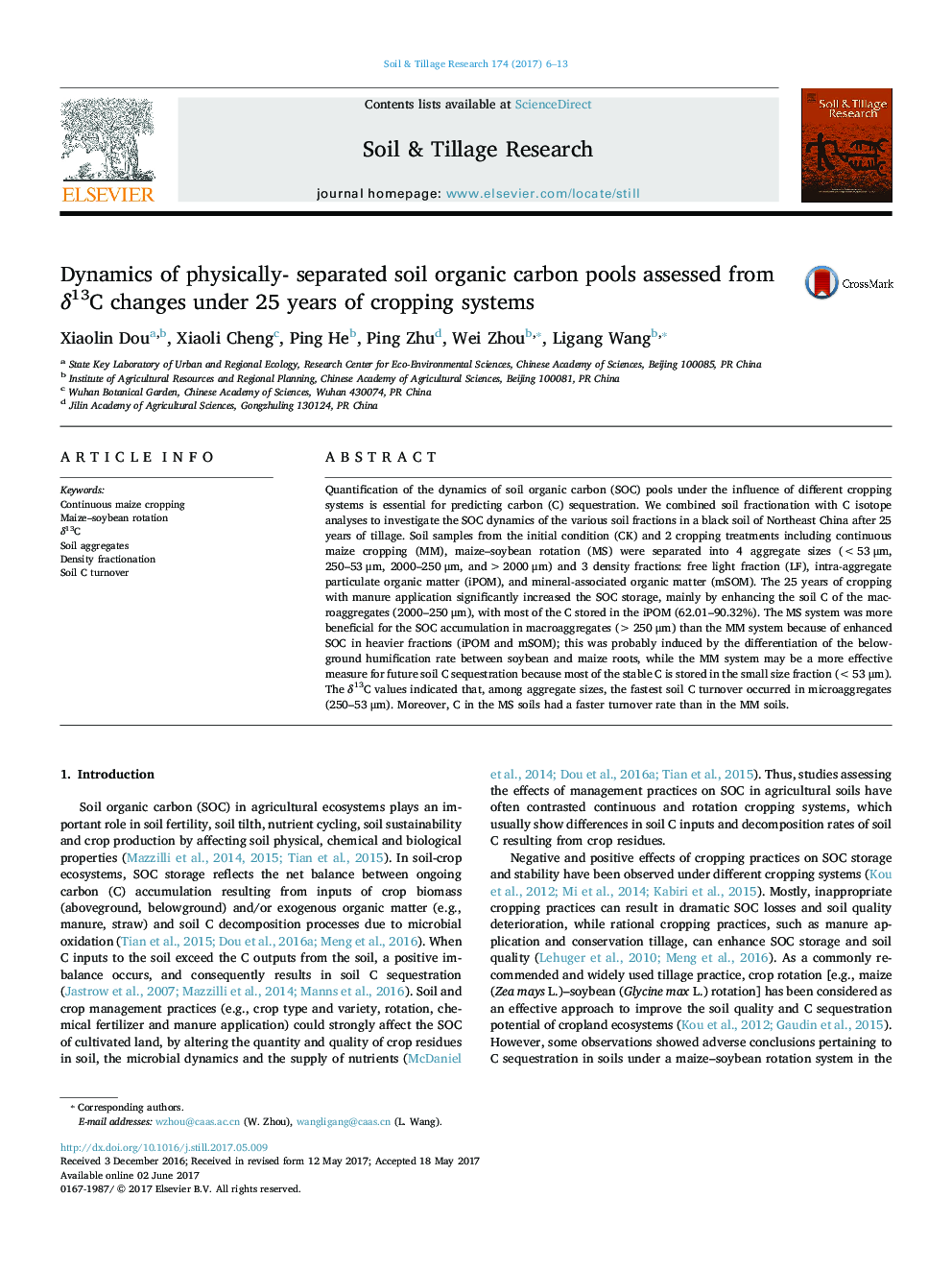 Dynamics of physically- separated soil organic carbon pools assessed from Î´13C changes under 25 years of cropping systems