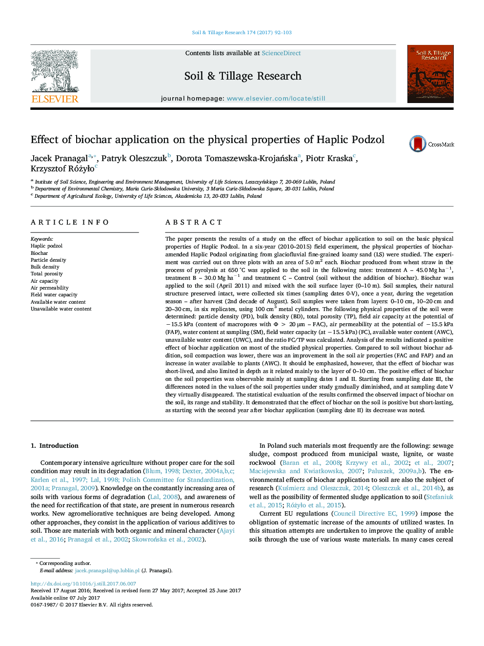 Effect of biochar application on the physical properties of Haplic Podzol