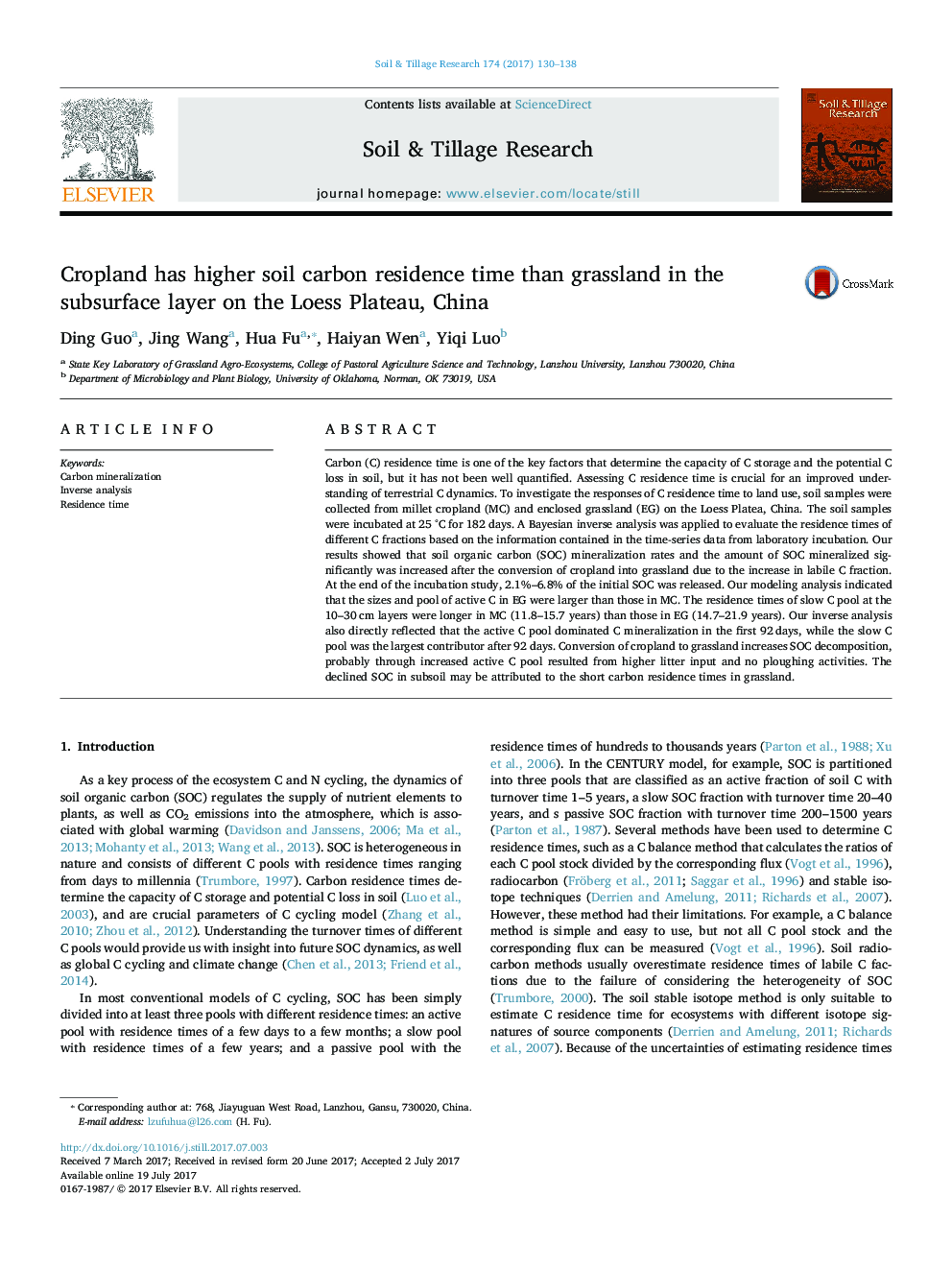 Cropland has higher soil carbon residence time than grassland in the subsurface layer on the Loess Plateau, China