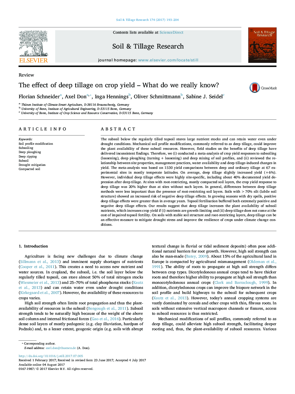 ReviewThe effect of deep tillage on crop yield - What do we really know?