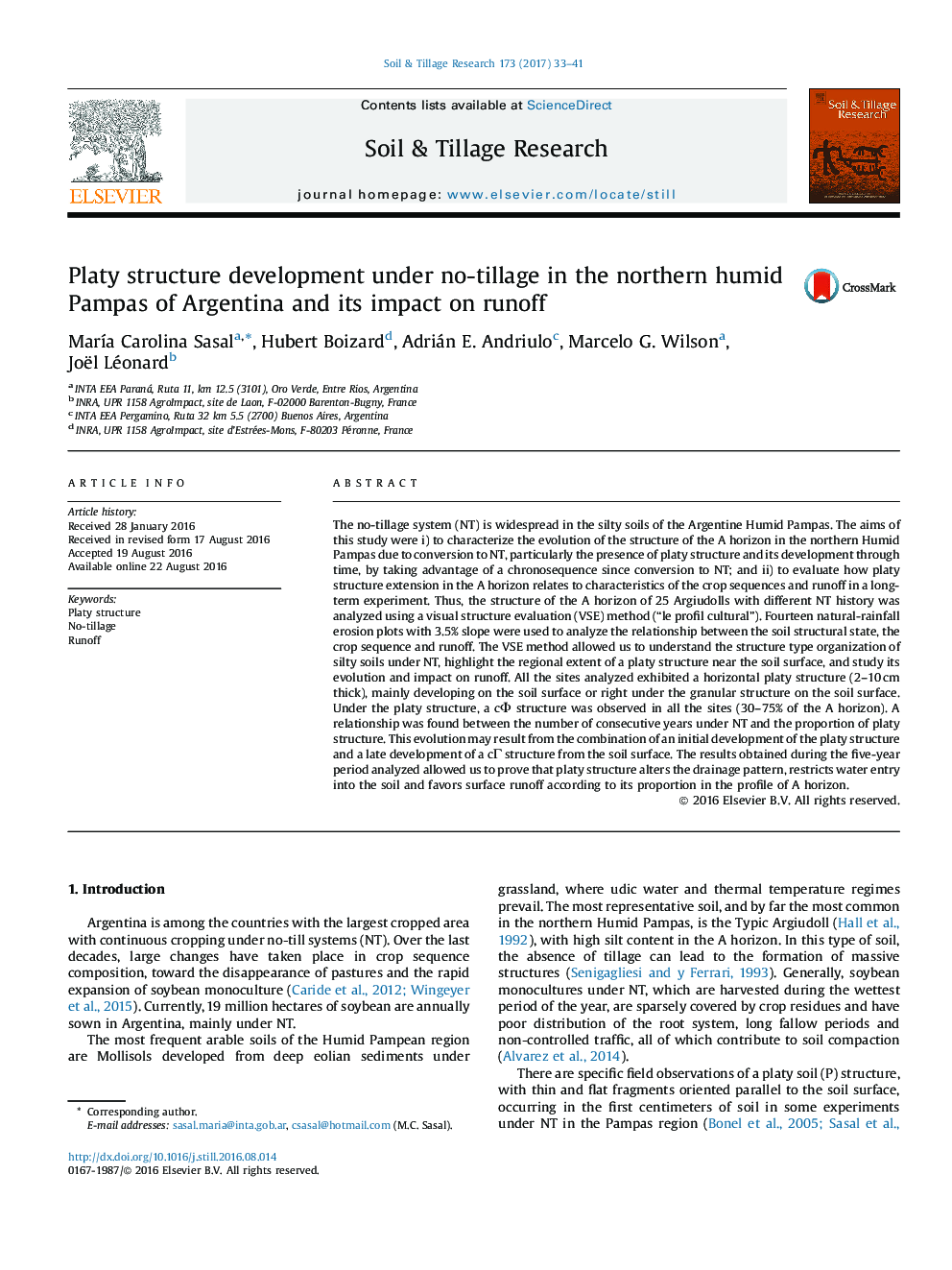 Platy structure development under no-tillage in the northern humid Pampas of Argentina and its impact on runoff