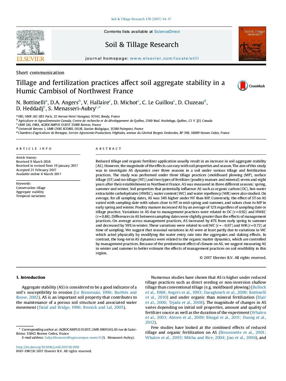 Short communicationTillage and fertilization practices affect soil aggregate stability in a Humic Cambisol of Northwest France