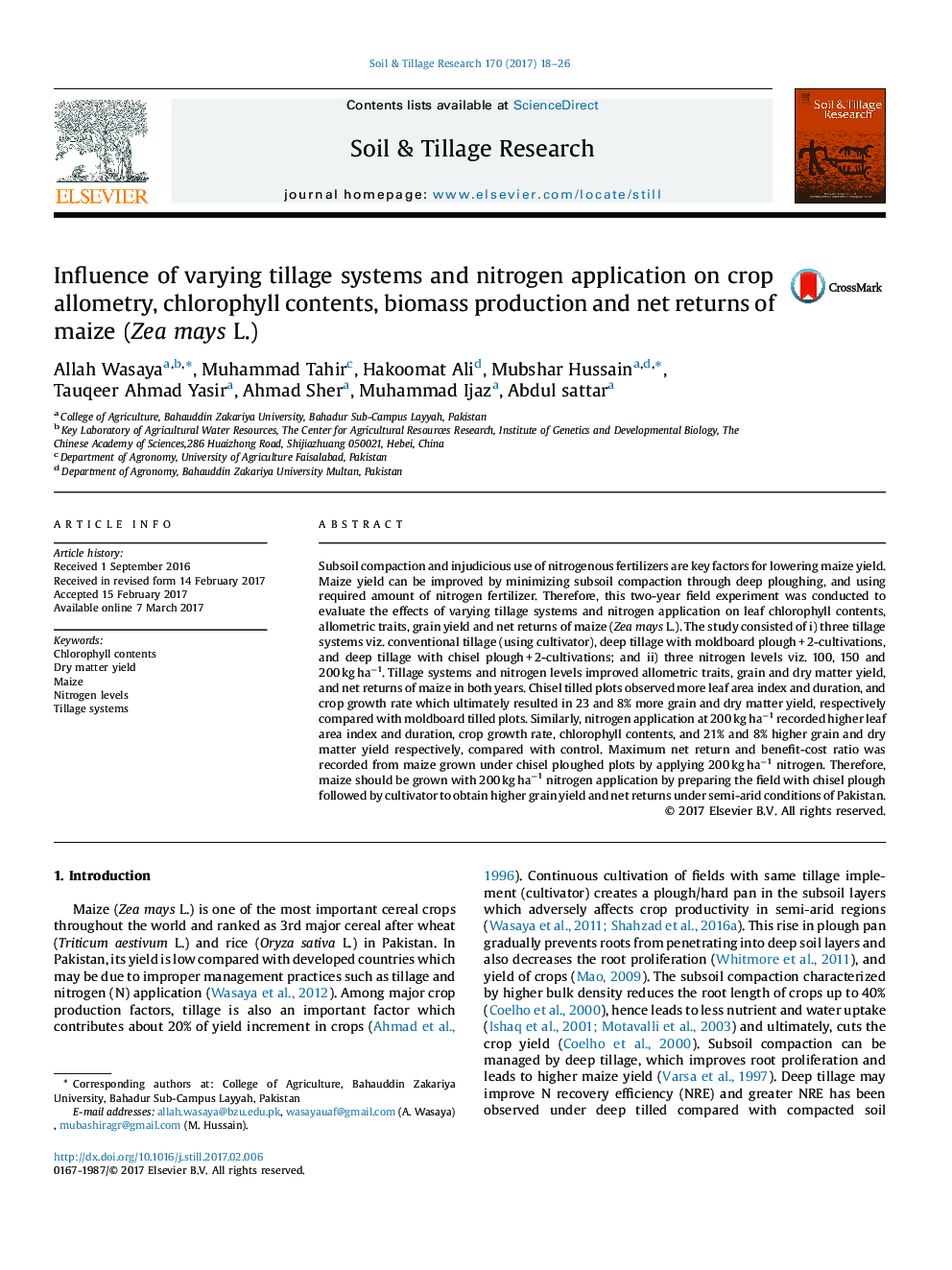 Influence of varying tillage systems and nitrogen application on crop allometry, chlorophyll contents, biomass production and net returns of maize (Zea mays L.)