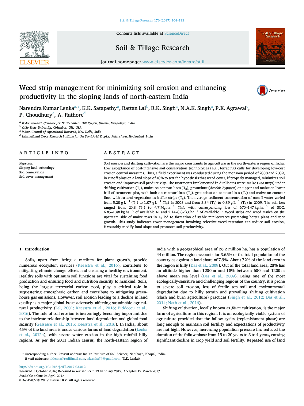 Weed strip management for minimizing soil erosion and enhancing productivity in the sloping lands of north-eastern India