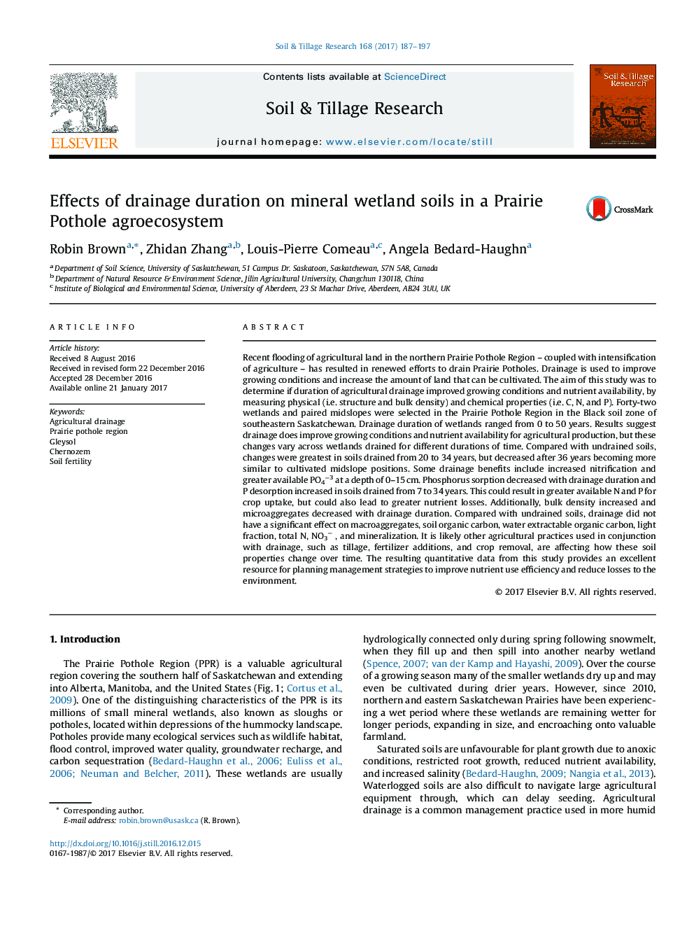 Effects of drainage duration on mineral wetland soils in a Prairie Pothole agroecosystem