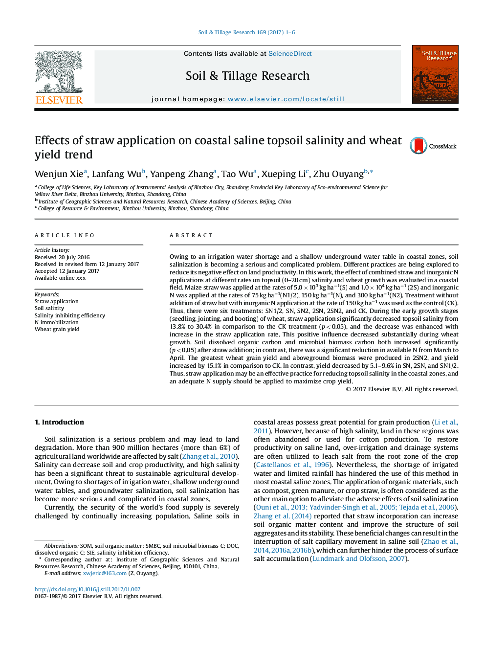 Effects of straw application on coastal saline topsoil salinity and wheat yield trend