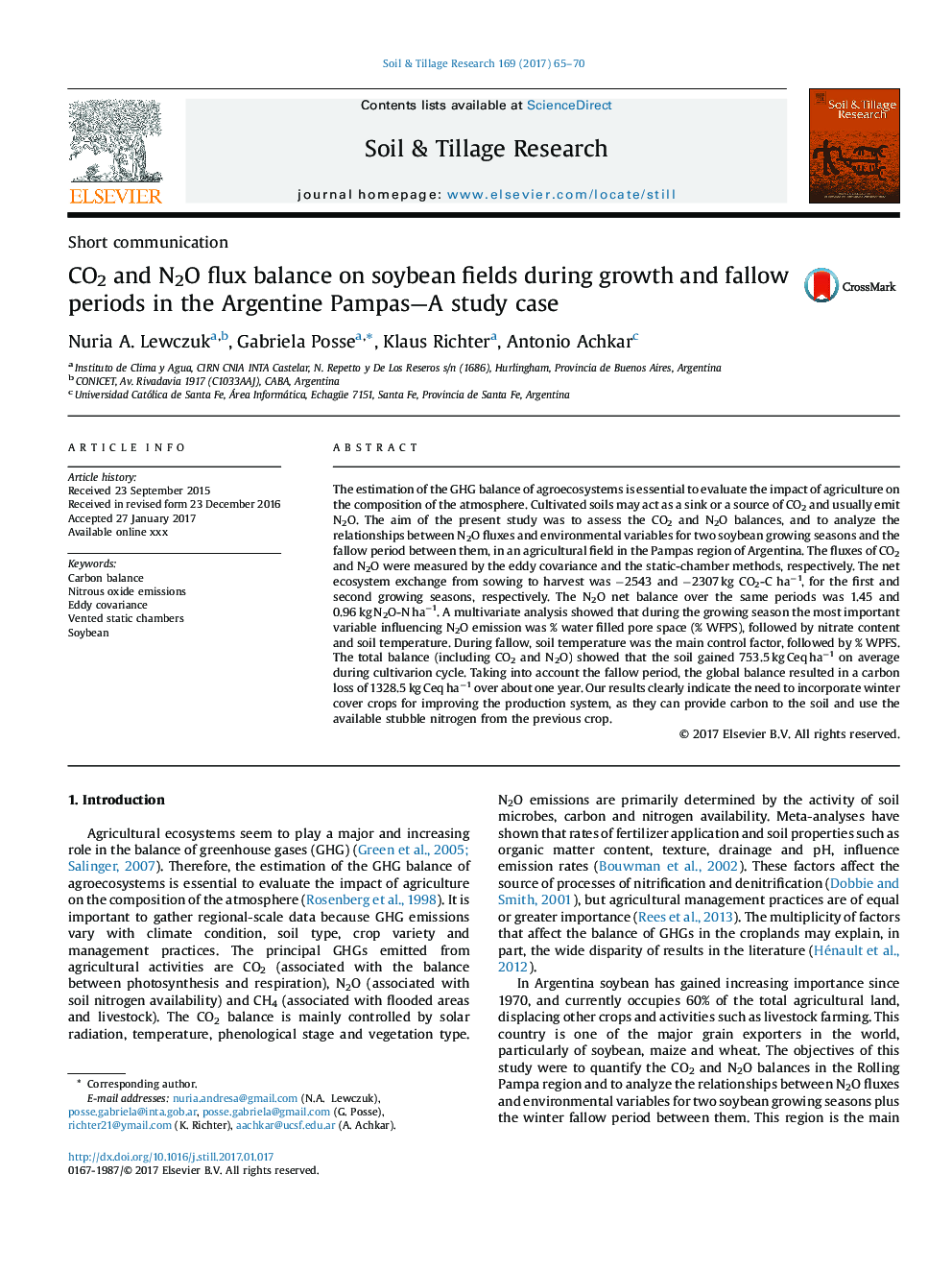 CO2 and N2O flux balance on soybean fields during growth and fallow periods in the Argentine Pampas-A study case