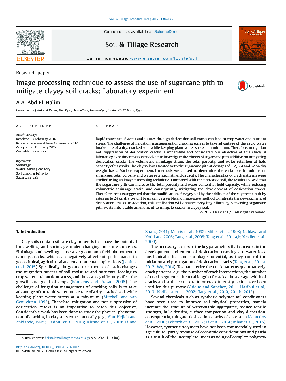 Image processing technique to assess the use of sugarcane pith to mitigate clayey soil cracks: Laboratory experiment