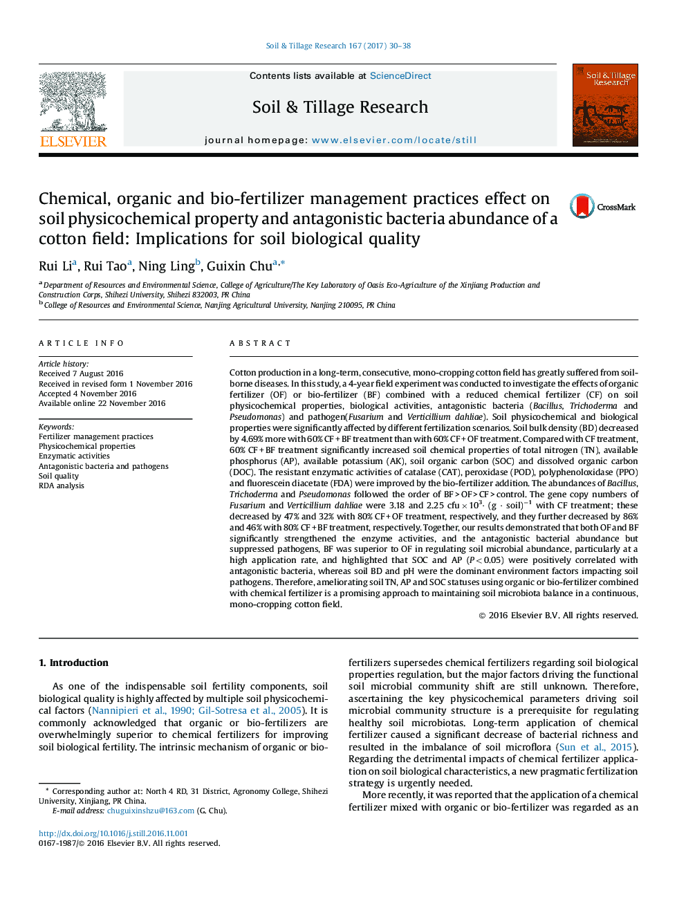 Chemical, organic and bio-fertilizer management practices effect on soil physicochemical property and antagonistic bacteria abundance of a cotton field: Implications for soil biological quality