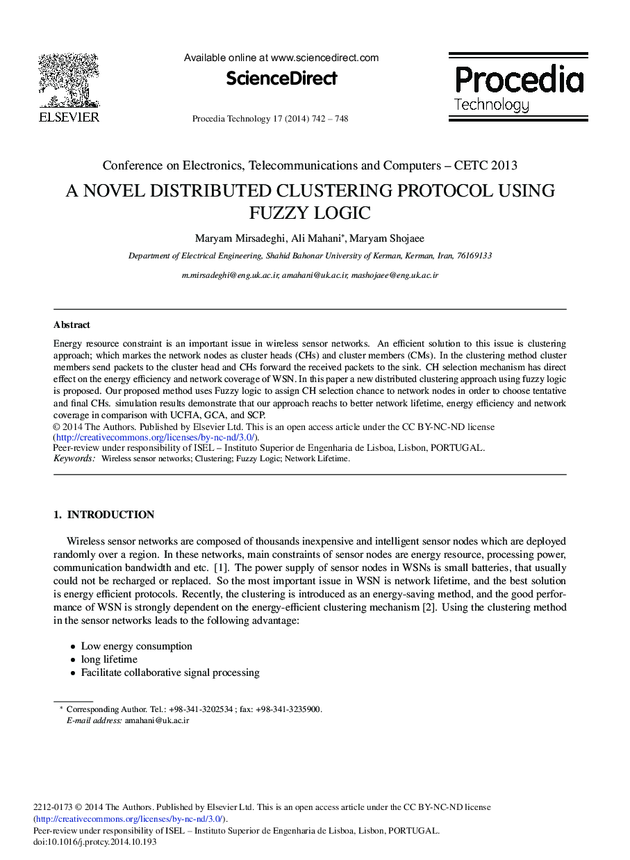 A Novel Distributed Clustering Protocol Using Fuzzy Logic 
