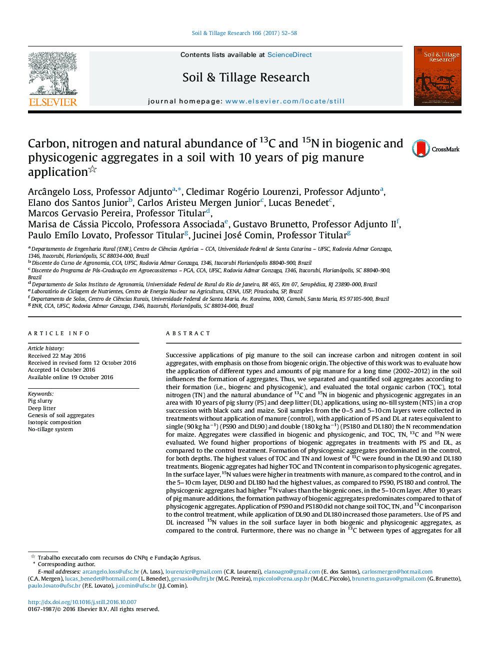 Carbon, nitrogen and natural abundance of 13C and 15N in biogenic and physicogenic aggregates in a soil with 10 years of pig manure application