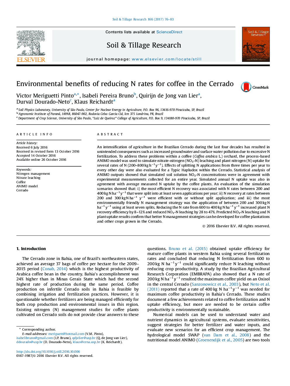 Environmental benefits of reducing N rates for coffee in the Cerrado