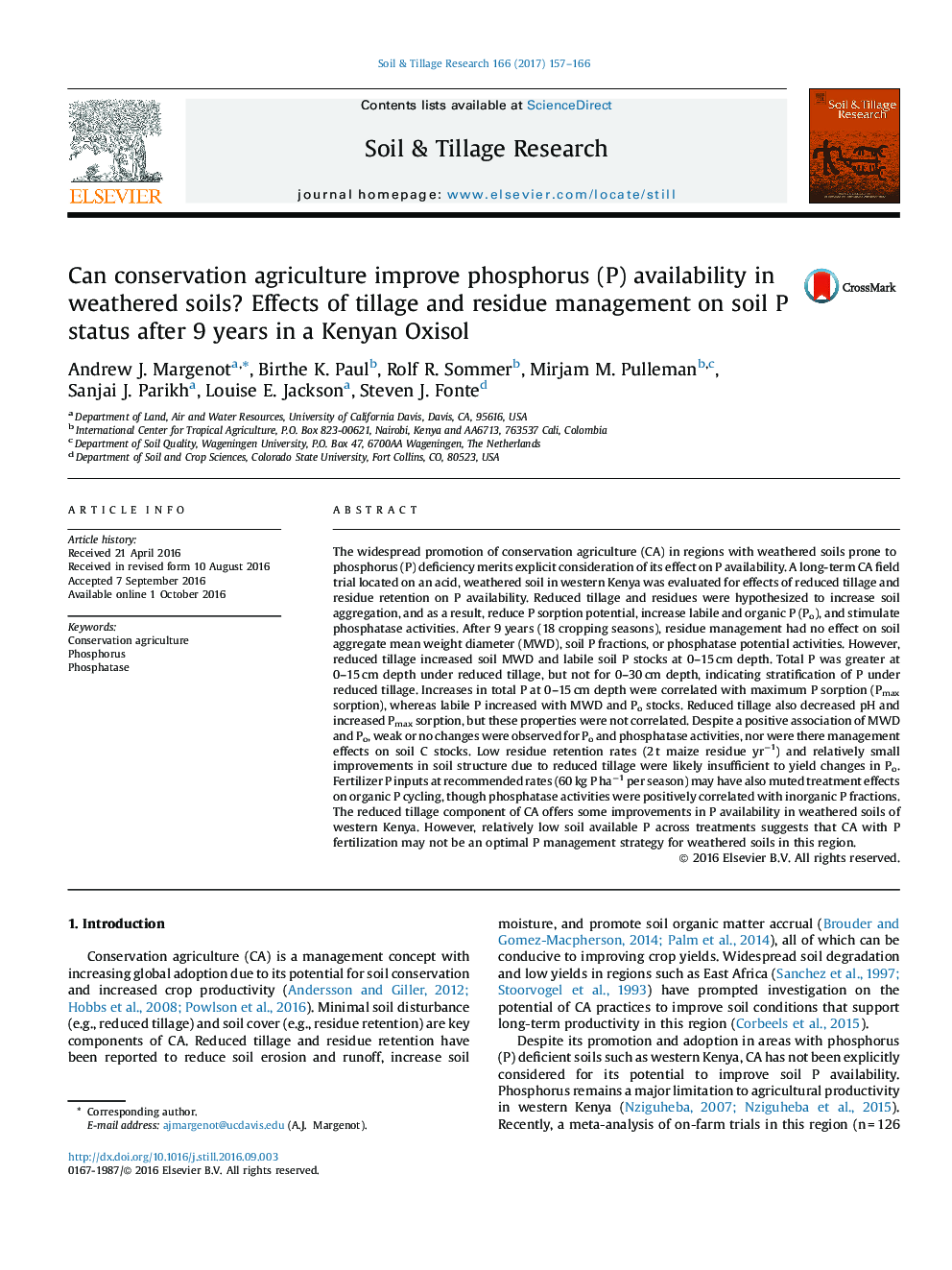 Can conservation agriculture improve phosphorus (P) availability in weathered soils? Effects of tillage and residue management on soil P status after 9 years in a Kenyan Oxisol