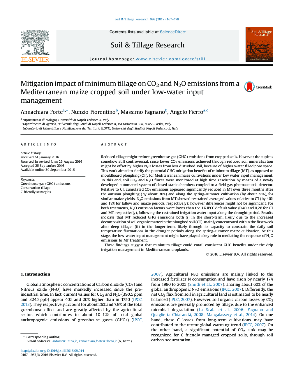 Mitigation impact of minimum tillage on CO2 and N2O emissions from a Mediterranean maize cropped soil under low-water input management