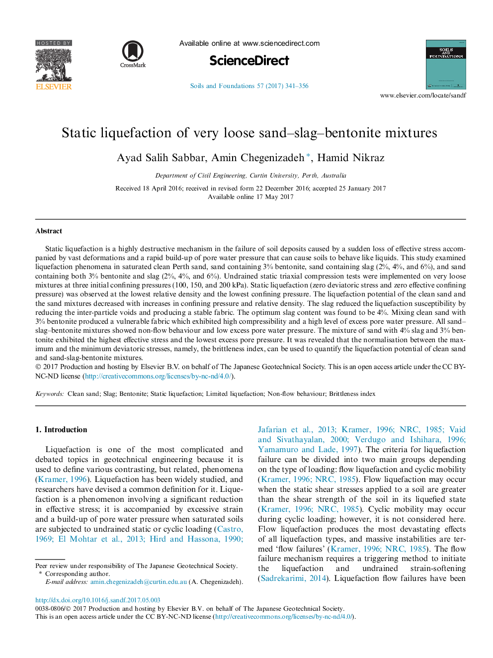 Static liquefaction of very loose sand-slag-bentonite mixtures