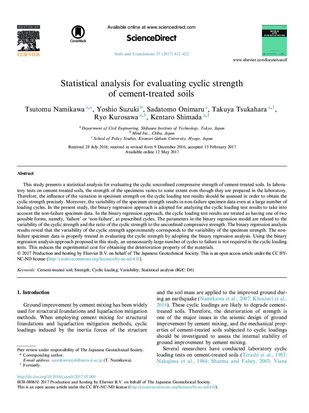 Statistical analysis for evaluating cyclic strength of cement-treated soils