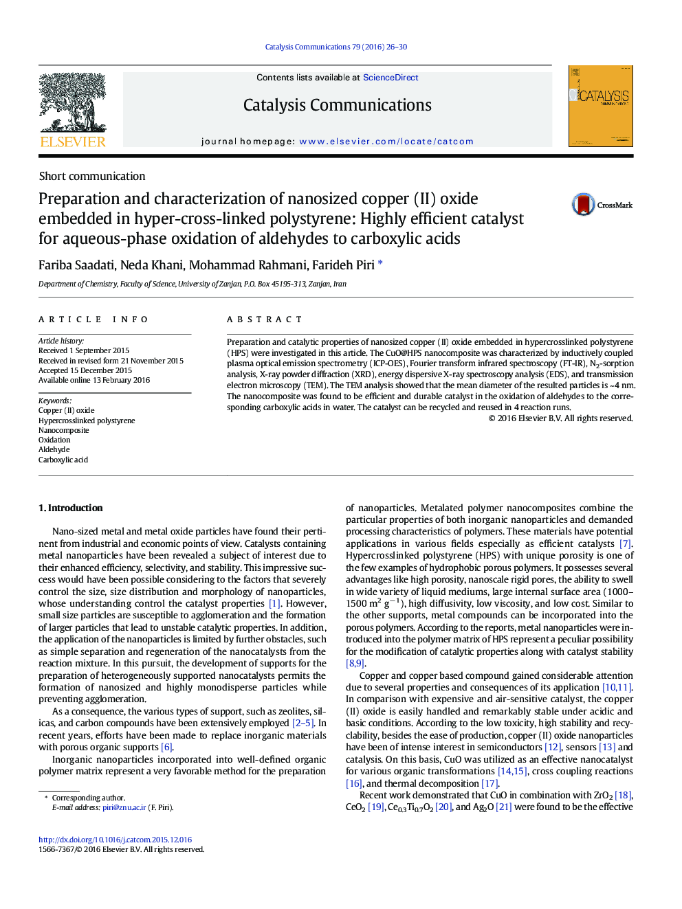 Preparation and characterization of nanosized copper (II) oxide embedded in hyper-cross-linked polystyrene: Highly efficient catalyst for aqueous-phase oxidation of aldehydes to carboxylic acids