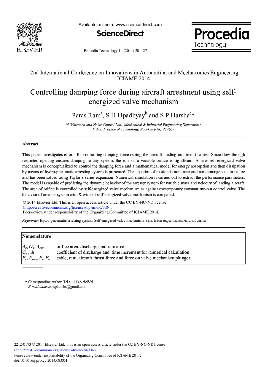 Controlling Damping Force during Aircraft Arrestment Using Self-energized Valve Mechanism 