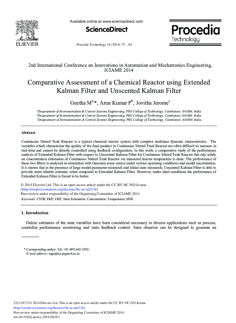 Comparative Assessment of a Chemical Reactor Using Extended Kalman Filter and Unscented Kalman Filter 