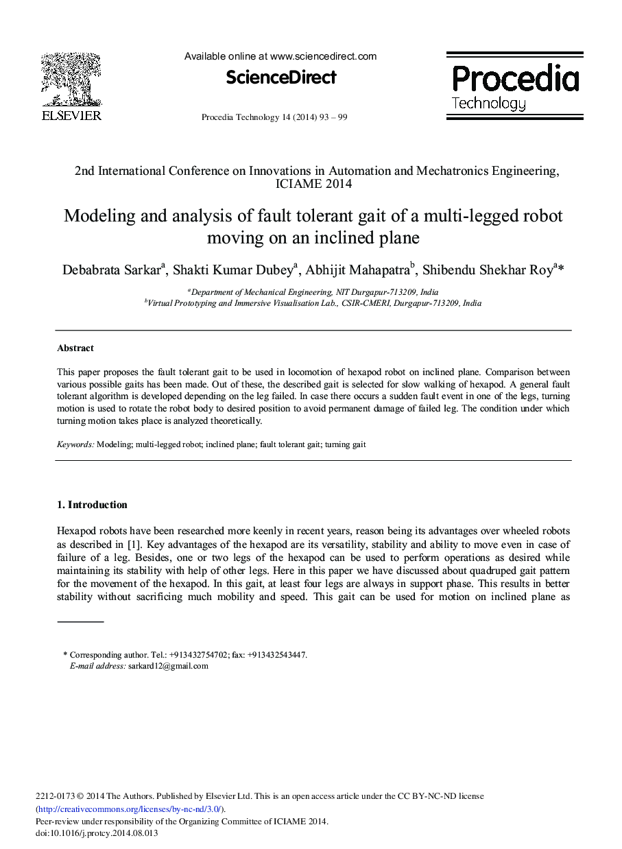 Modeling and Analysis of Fault Tolerant Gait of a Multi-legged Robot Moving on an Inclined Plane 