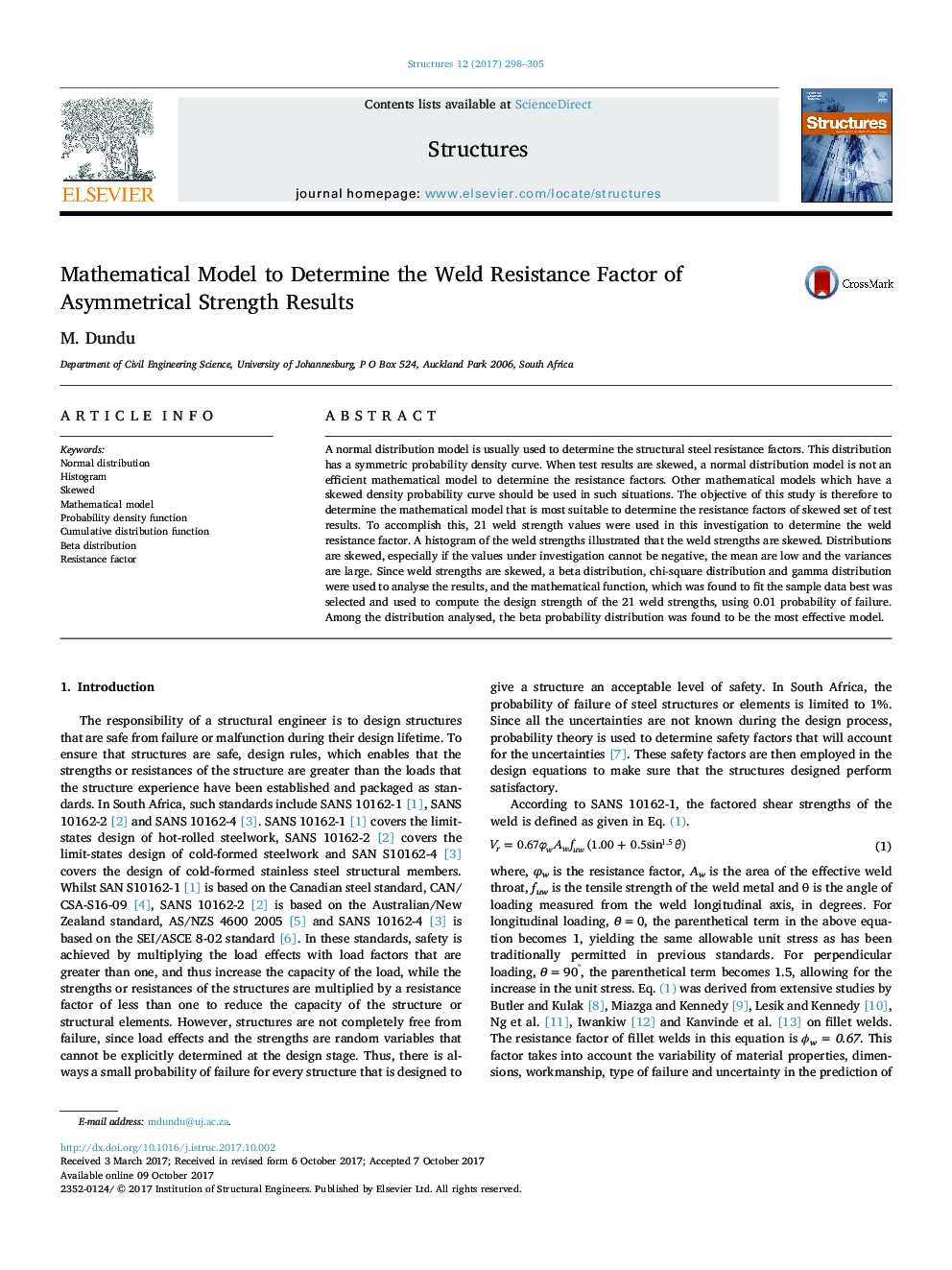 Mathematical Model to Determine the Weld Resistance Factor of Asymmetrical Strength Results