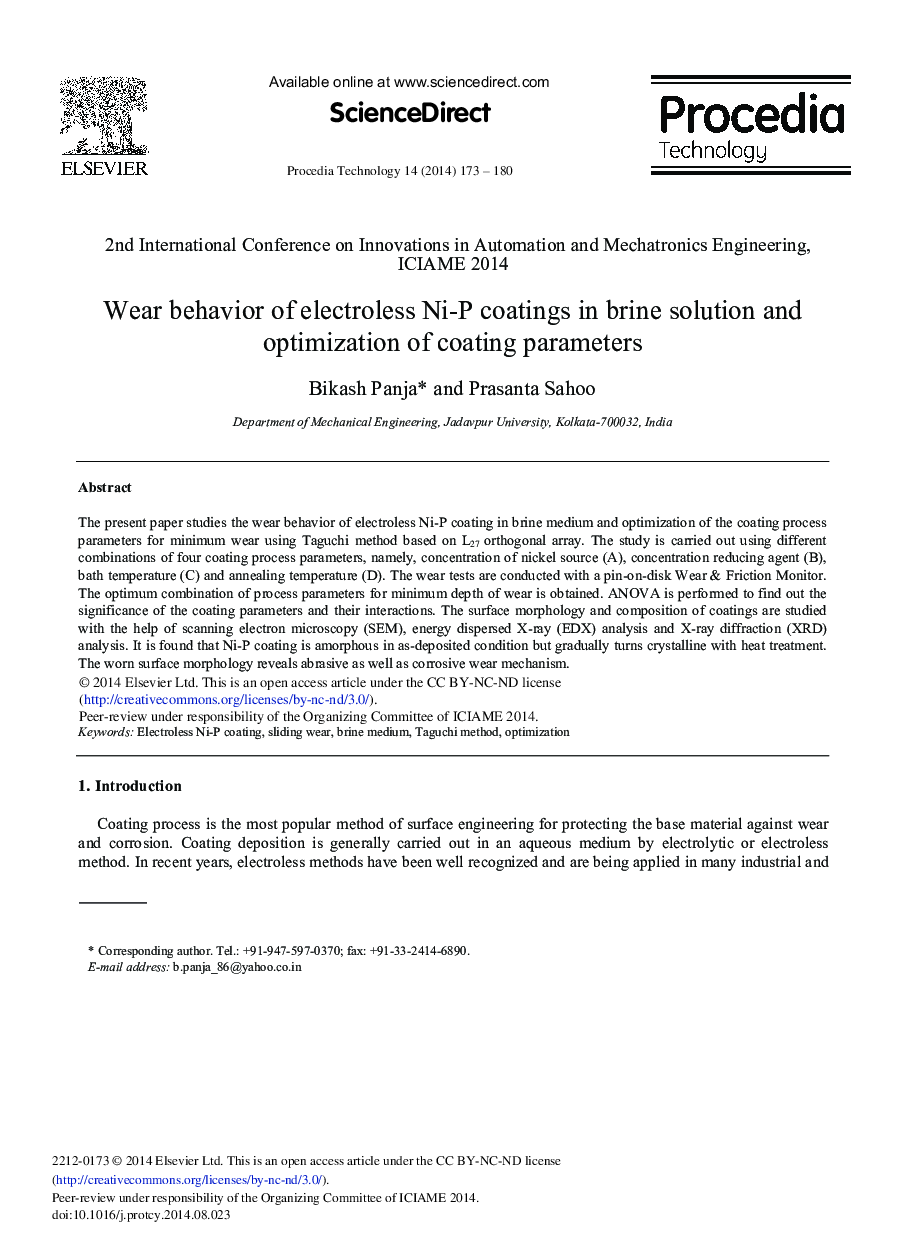 Wear Behavior of Electroless Ni-P Coatings in Brine Solution and Optimization of Coating Parameters 