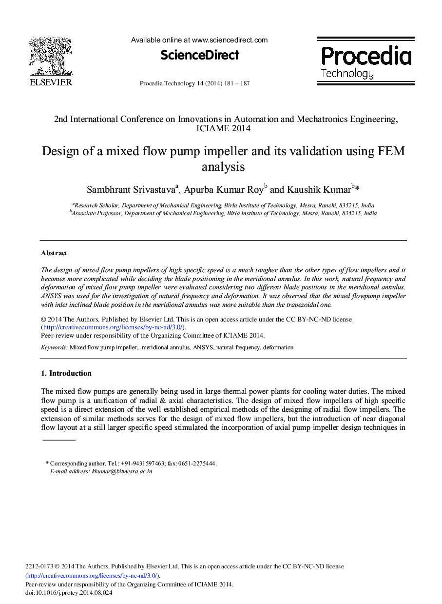 Design of a Mixed Flow Pump Impeller and its Validation Using FEM Analysis 