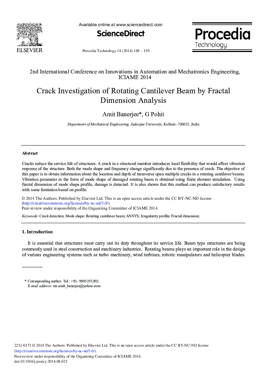 Crack Investigation of Rotating Cantilever Beam by Fractal Dimension Analysis 