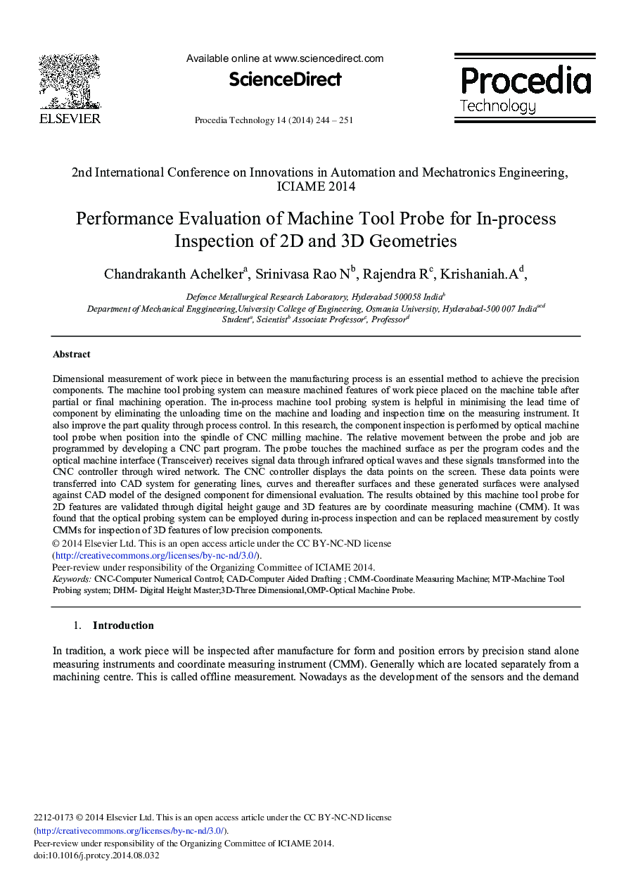 Performance Evaluation of Machine Tool Probe for In-process Inspection of 2D and 3D Geometries 