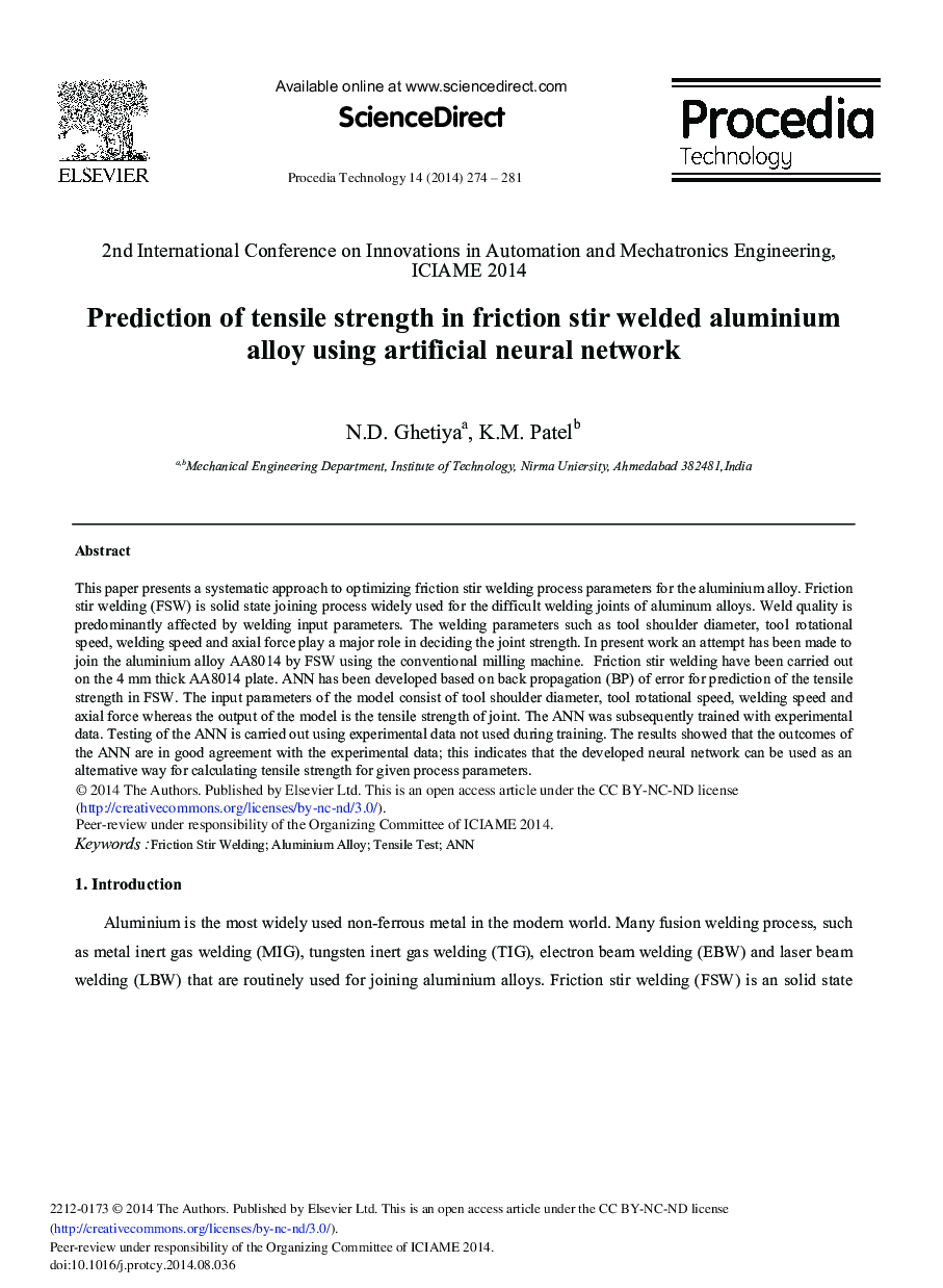 Prediction of Tensile Strength in Friction Stir Welded Aluminium Alloy Using Artificial Neural Network 