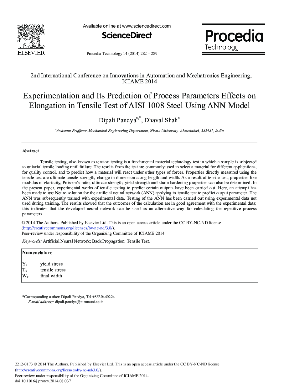 Experimentation and its Prediction of Process Parameters Effects on Elongation in Tensile Test of AISI 1008 Steel Using ANN Model 