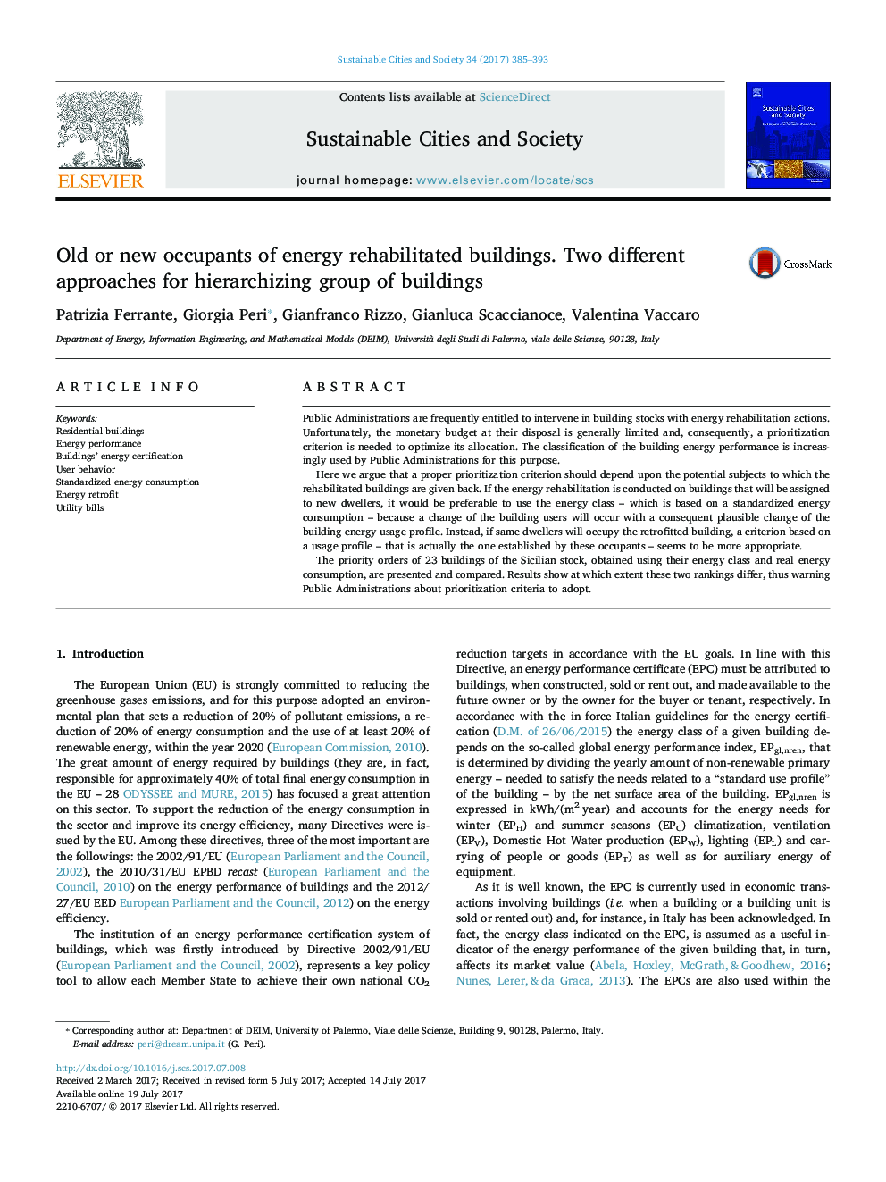 Old or new occupants of energy rehabilitated buildings. Two different approaches for hierarchizing group of buildings