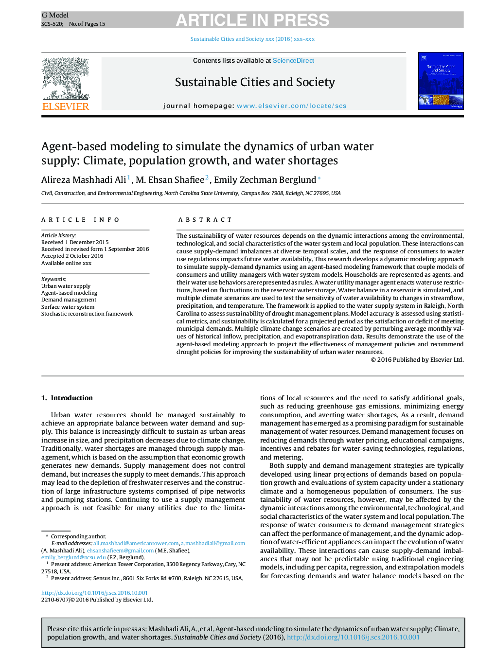 Agent-based modeling to simulate the dynamics of urban water supply: Climate, population growth, and water shortages