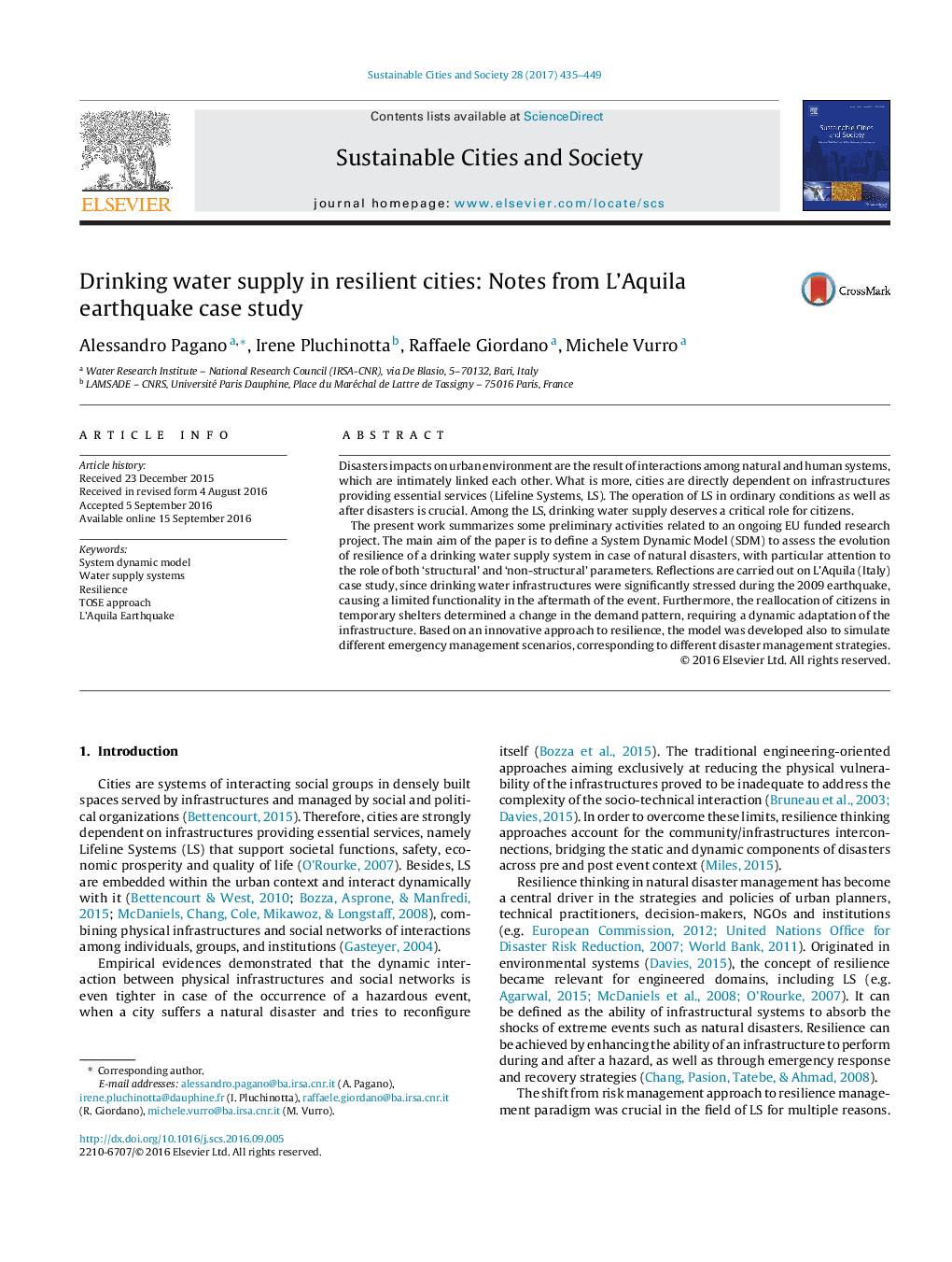 Drinking water supply in resilient cities: Notes from L'Aquila earthquake case study