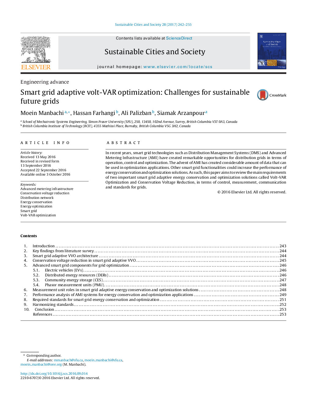 عکس صفحه اول مقاله: Smart grid adaptive volt-VAR optimization: Challenges for sustainable future grids Smart grid adaptive volt-VAR optimization: Challenges for sustainable future grids