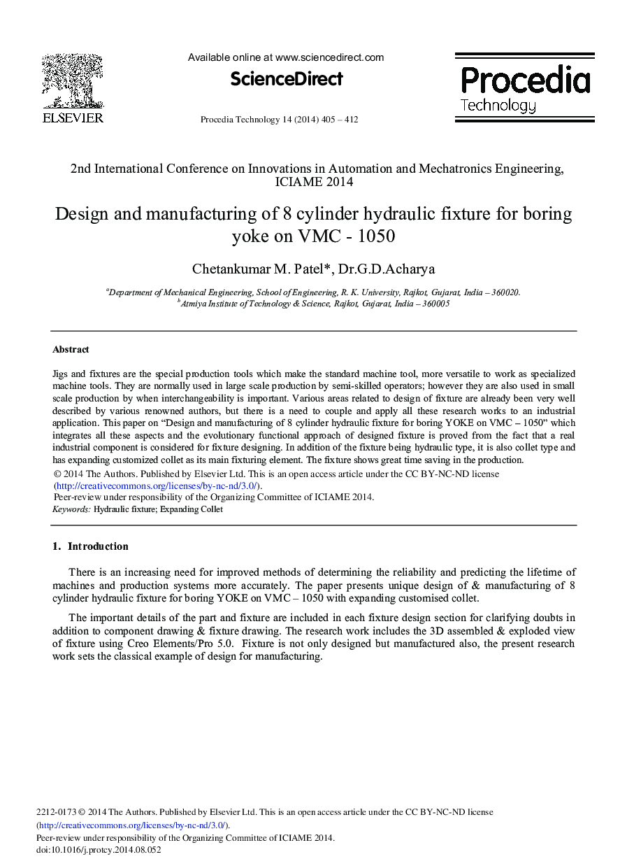 Design and Manufacturing of 8 Cylinder Hydraulic Fixture for Boring Yoke on VMC - 1050 