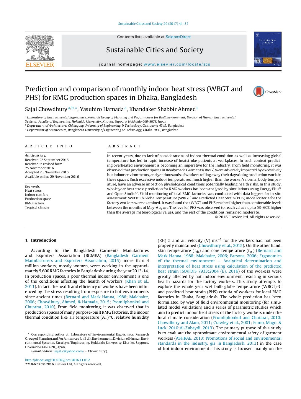 Prediction and comparison of monthly indoor heat stress (WBGT and PHS) for RMG production spaces in Dhaka, Bangladesh