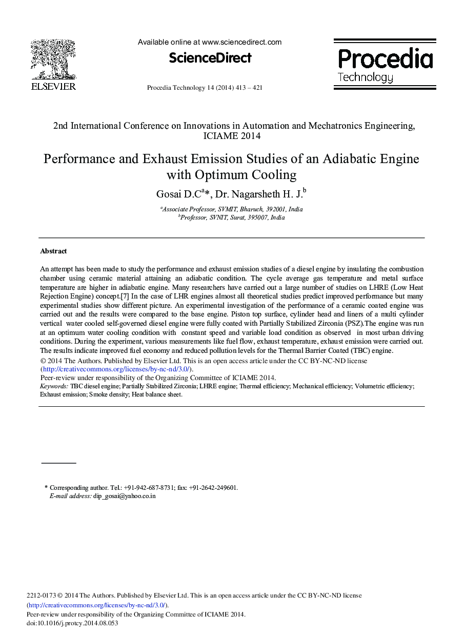 Performance and Exhaust Emission Studies of an Adiabatic Engine with Optimum Cooling 