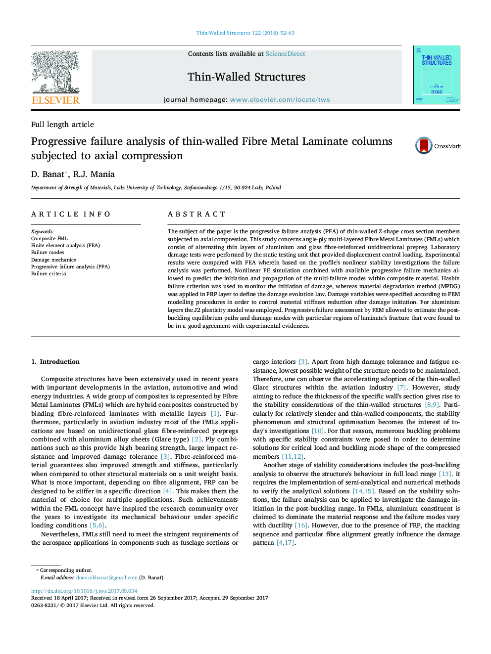 Full length articleProgressive failure analysis of thin-walled Fibre Metal Laminate columns subjected to axial compression